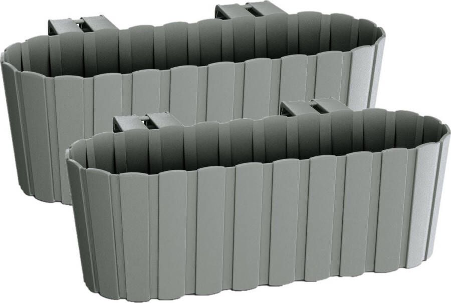 Prosperplast Set van 4x stuks kunststof rechthoekige balkon plantenbakken bloembakken met haken grijs 38 cm Tuin balkon decoraties