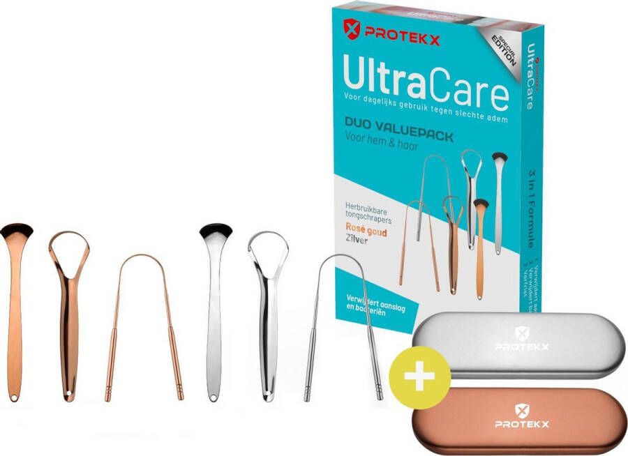 Protekx Ultracare Tongschrapers Duopack Rosé goud en zilver Inclusief 2 opbergcases Special Edition