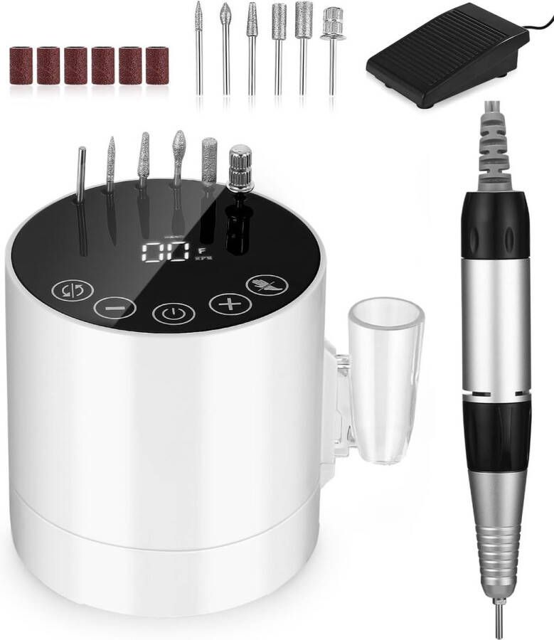 PRS Business Elektrische Nagelvijl Manicure- En Pedicureset 6 Nagelbitjes 6 Schuurrolletjes Votpedaalschakelaar Greephouder LCD-Scherm