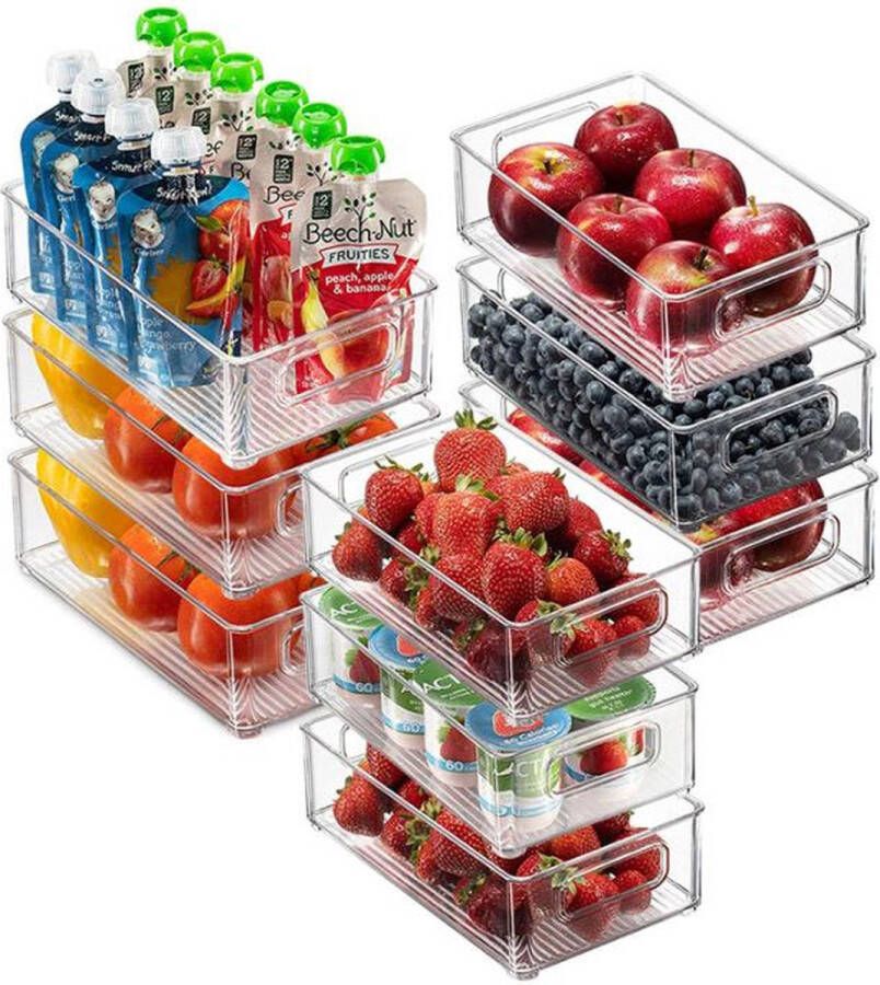 PTC Goods Koelkast Organizer – Set van 9 Stuks – Opbergbak 3 Verschillende Afmetingen Lade Organizer – Lade Verdeler Koelkast Bakjes – Bewaarbakjes Stapelbaar – Transparant – BPA-Vrij