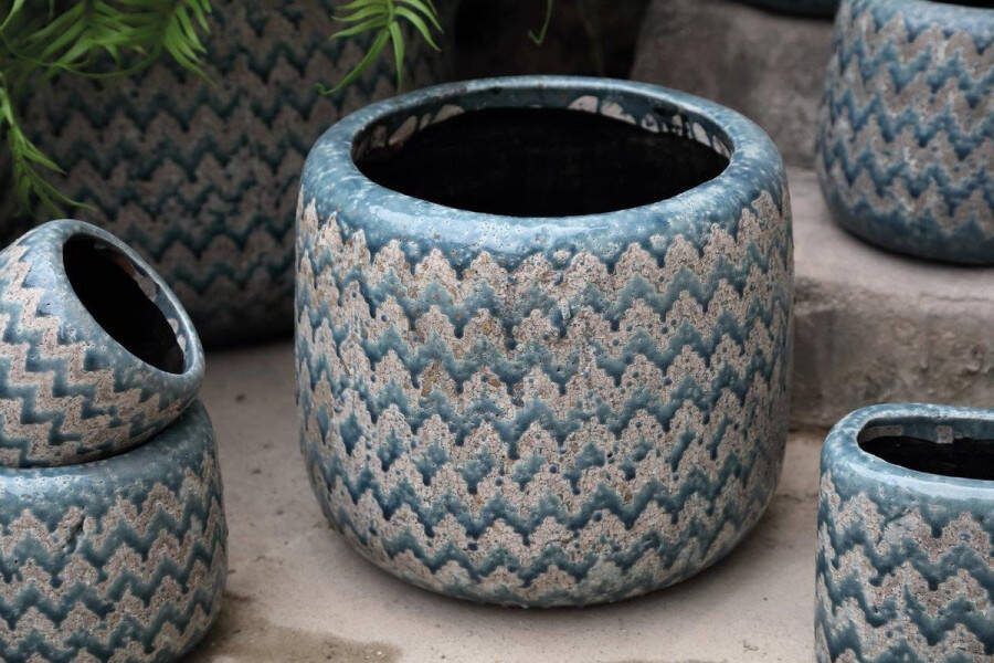 PTMD jasper blauw keramieke pot golvend patroon 22 x 12 x 18 hoog