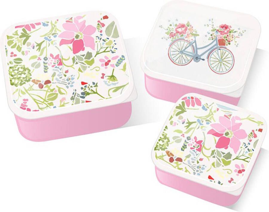 Puckator Lunch Box Snack Pots Set van 3 M L XL Julie Dodsworth Roze Botanisch 6x13 5x13 5cm(XL)