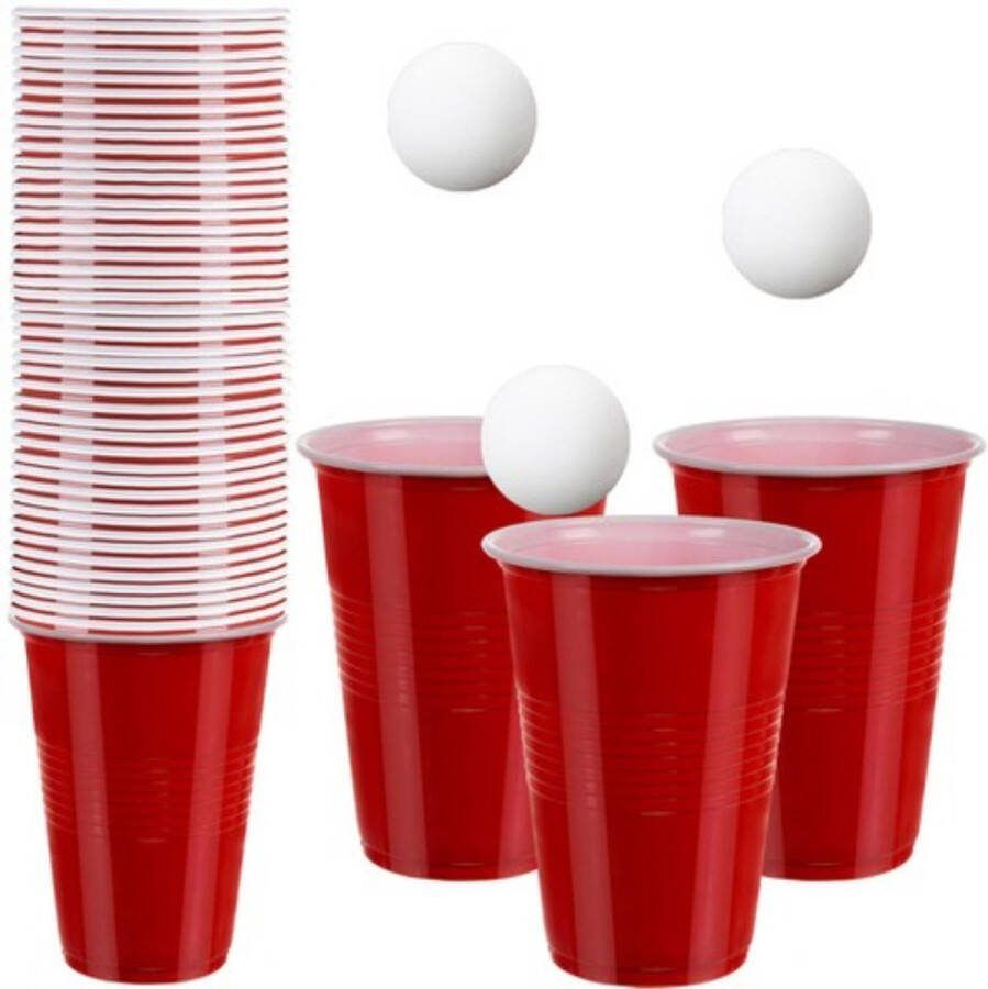 Puiquality Beerpong Bekers 50 stuks Red Cups 3 Ballen Beer Pong Drankspel Party Cups Rode Bekers 450ml