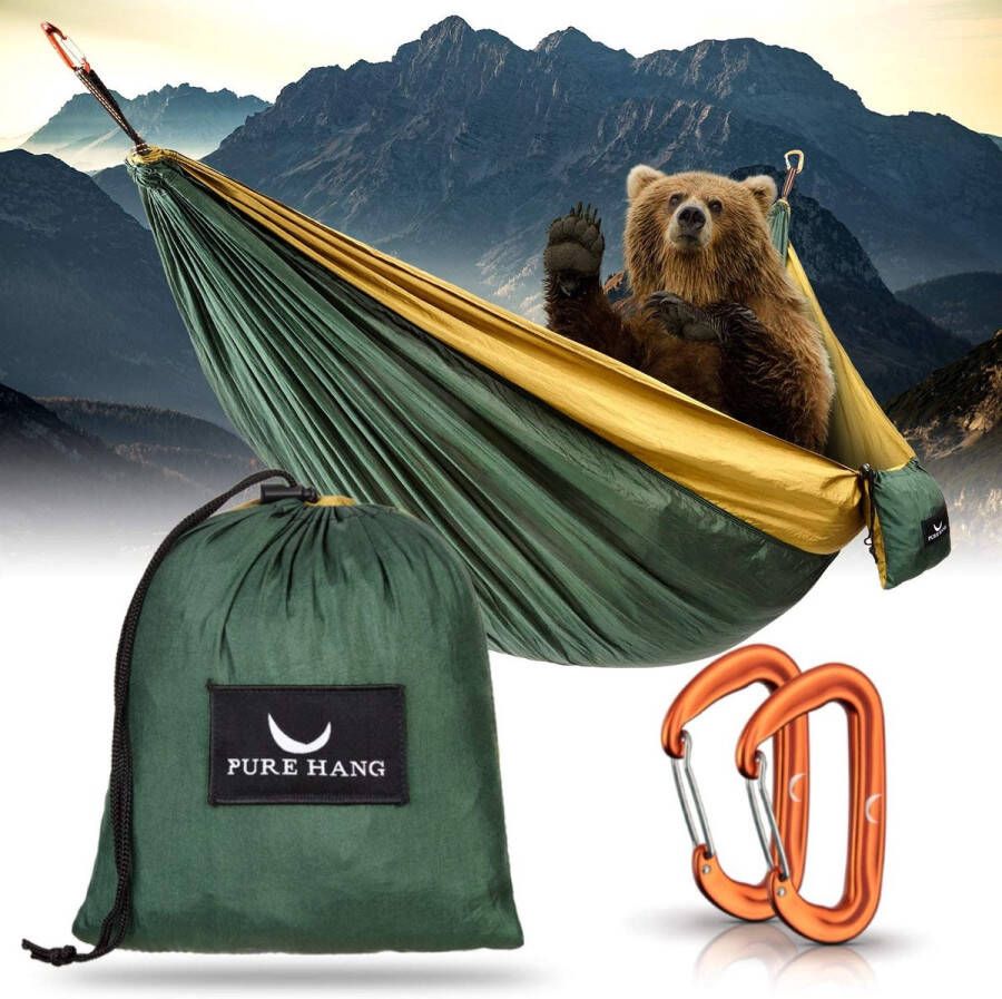 Pure hang Premium Camping hangmat Outdoor XXL voor 2 personen 300 kg belastbaar 285 cm x 185 cm ultralichte parachutezijde met 2 karabijnhaken Reizen strand tuin Travel TÜV getest
