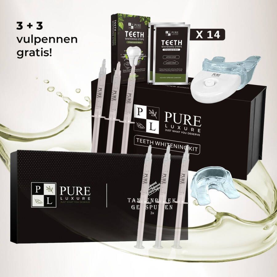 Pure Luxure Tandenbleekset INCL. 14 whitening strips en 6 gelpennen ZONDER PEROXIDE Teeth whitening kit Tandenbleekset met Ebook en nederlandse handleiding tandenblekers Tanden bleekstrips Witte Tanden Kerstcadeau vrouwen