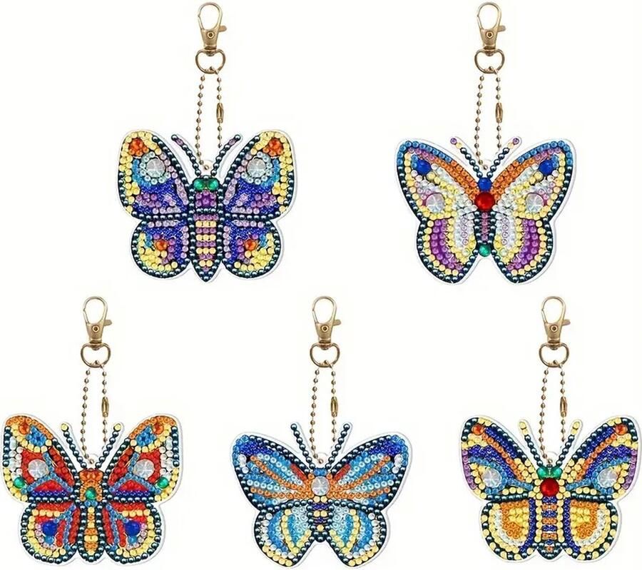 Purediamondpainting Diamond Painting Sleutelhanger 5 Stuks Vlinders Volledig Ronde steentjes