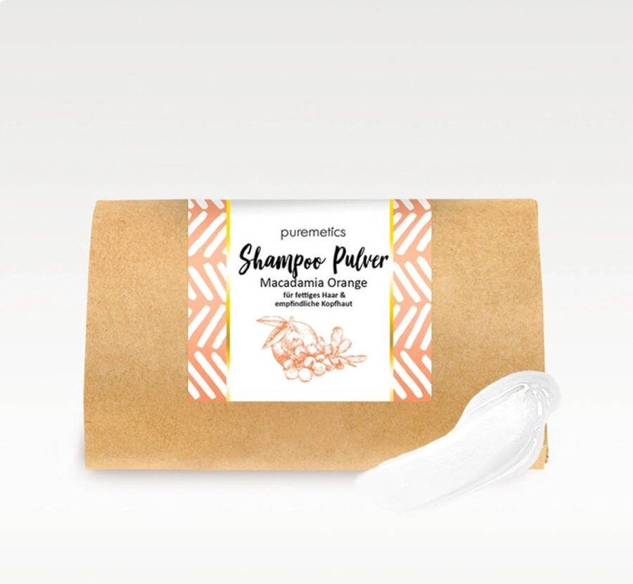 Puremetics Plastiekvrij duurzaam en veganishe shampoo poeder -MACADAMIA en ORANGE verzacht het haar schoon haar 50gr