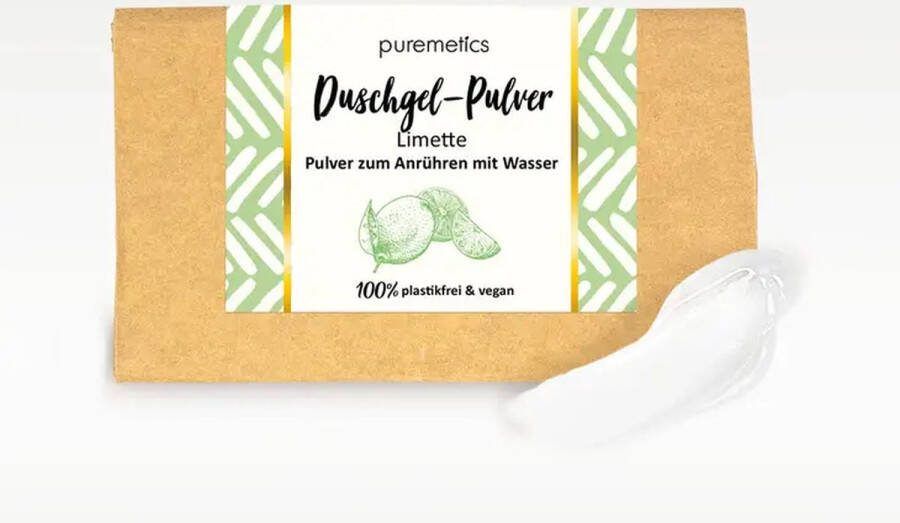 Puremetics Plastikvrij en duurzaam poeder douchegel LIME ook voor mannen makkelijk in gebruik schone huid 100g