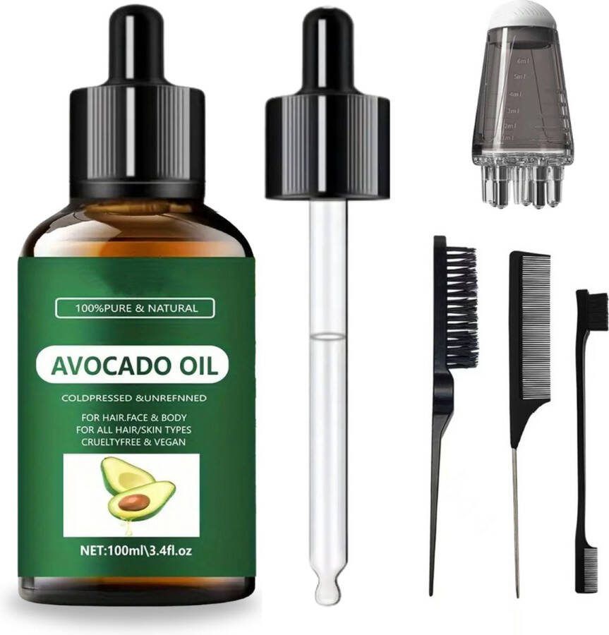PureOil Avocado Olie 100ML 100% Puur Incl. Applicator + Olie kammen Voor haar huid en gezicht Verminderd Rimpels Anti Acne Haargroei Anti Pluis Anti Roos Vermindert ontstekingen 100ml