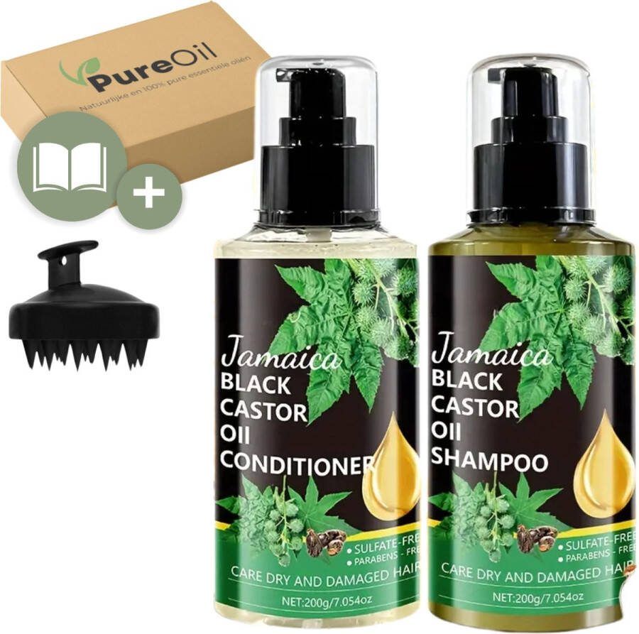 PureOil Castor Olie 100% Koudgeperst Castor Oil Incl. Ebook Scalp Massager Kammen Castorolie Pack Jamaican Black Castor Oil Haarverzorging Shampoo + conditioner 400g