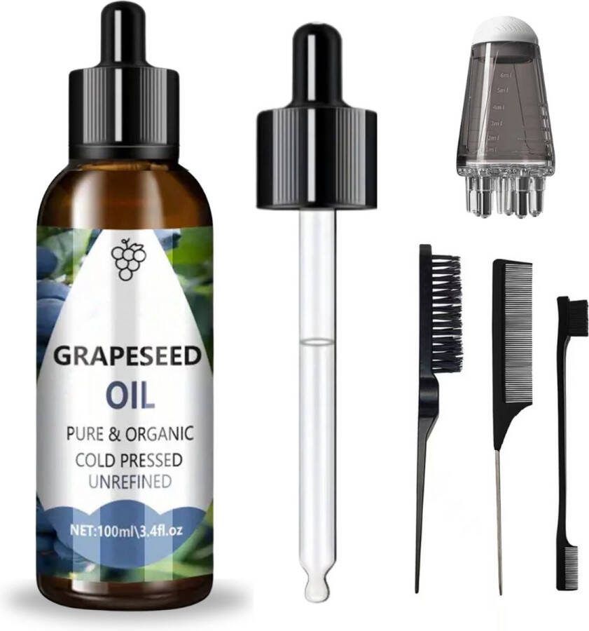 PureOil Druivenpitolie Olie 100ML 100% Puur Koudgeperst Incl. Applicator + Olie kammen Grapeseed Oil Voor Haar Huid Gezicht en Nagels Verminderd Rimpels Anti Acne Haargroei Anti Pluis Anti Roos Vermindert ontstekingen
