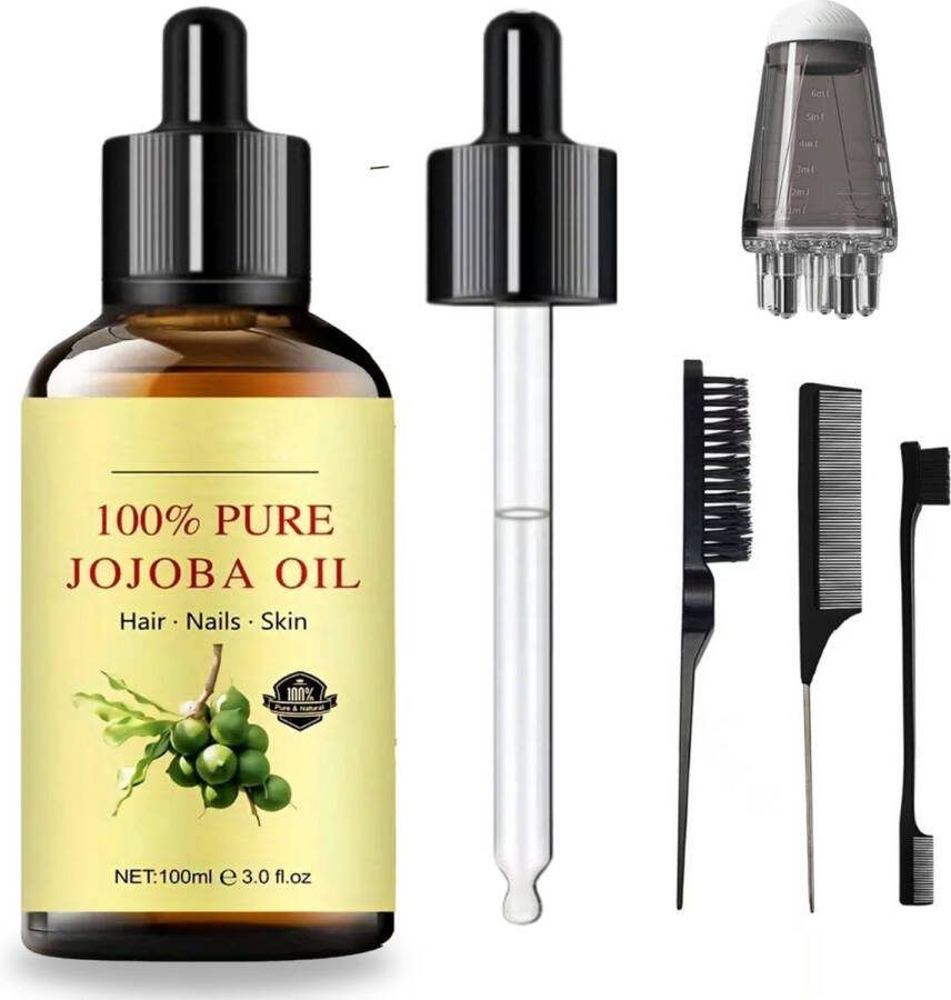 PureOil Jojoba Olie 100ML 100% Puur Koudgeperst Incl. Applicator + Olie kammen Voor Haar Huid Gezicht en Nagels Verminderd Rimpels Anti Acne Haargroei Anti Pluis Anti Roos Vermindert ontstekingen 100ml
