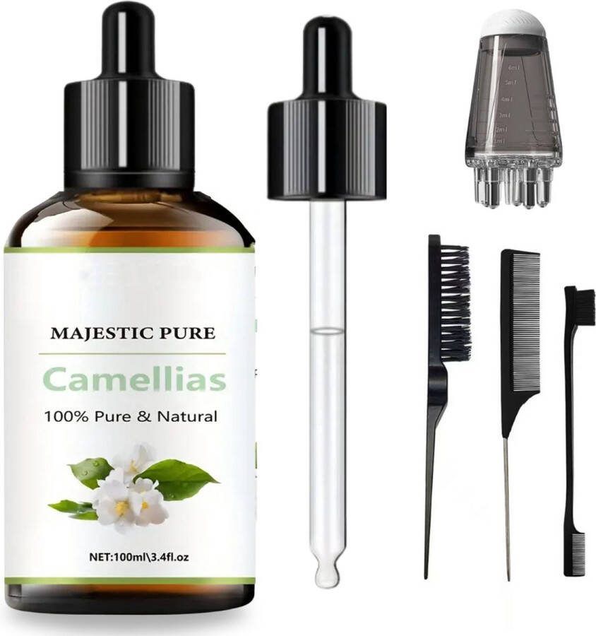 PureOil Kamille olie 100ML 100% Puur & Natuurlijk Incl. Applicator + Olie kammen Camelia Oil Voor Haar Huid Gezicht en Nagels Verminderd Rimpels Anti Acne Haargroei Anti Pluis Anti Roos Vermindert ontstekingen