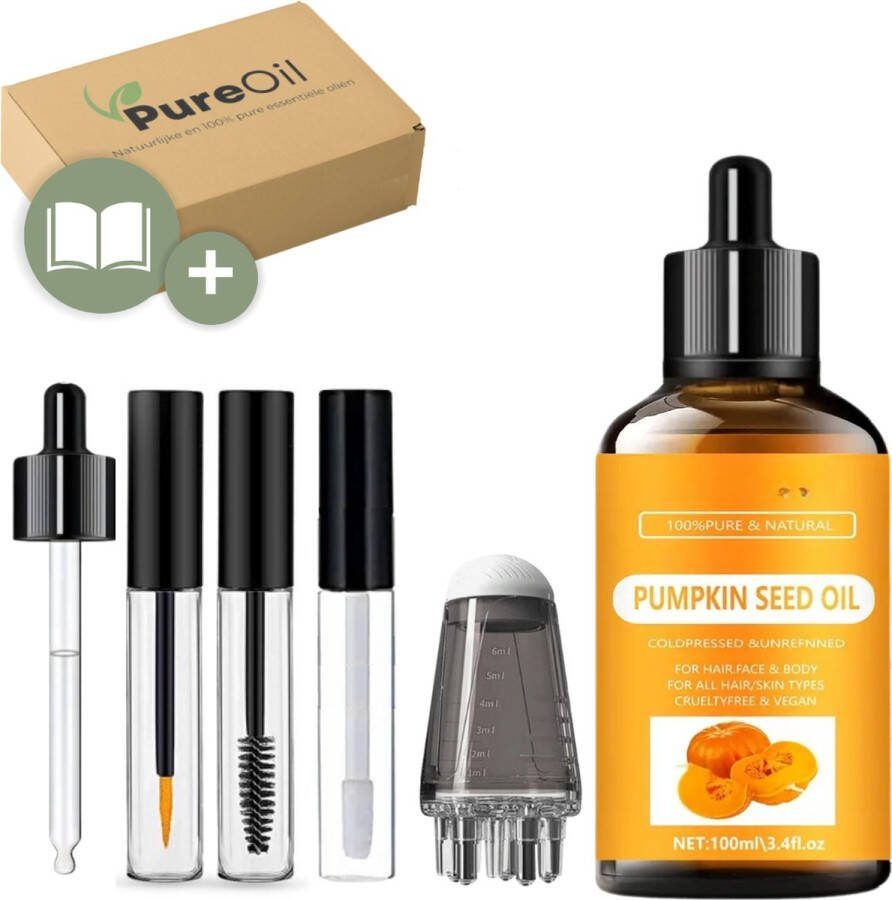 PureOil Pumpkin Seed Oil 100 ML + Applicator Pompoenzaadolie Pompoenpitolie 100% puur Incl. Ebook Kammen Pompoen Olie Haargroei Serum Minoxidil 5% alternatief voor Wimpers Haar Wenkbrauw Nagels Wonderolie Serum