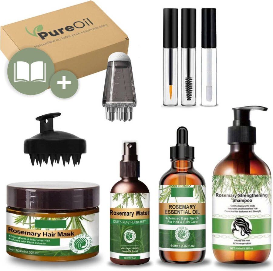 PureOil Rosemary Oil PRO 8-delig Complete set Rozemarijn Olie Shampoo Masker Spray Applicator Scalp Massager Haargroei Anti Pluis Minoxidil 5% alternatief Haaruitval Navulflesjes voor Wimpers Wenkbrauw Serum