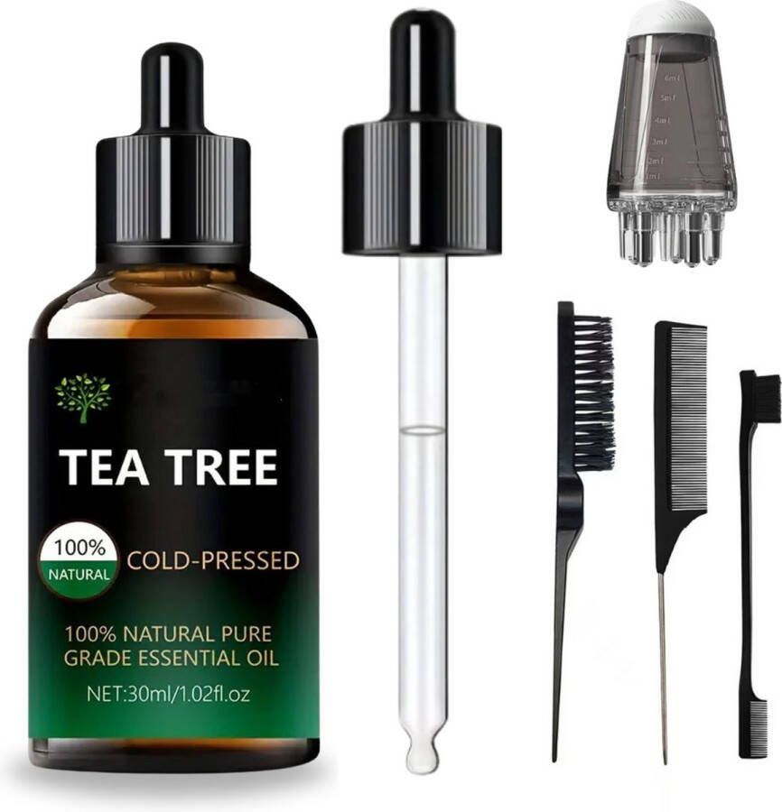 PureOil Tea Tree Olie 100% puur Geschikt voor Huid Haar en Nagels en Kalknagels Anti Acne en Roos Incl Applicator Kammen + Ebook Etherische Olie