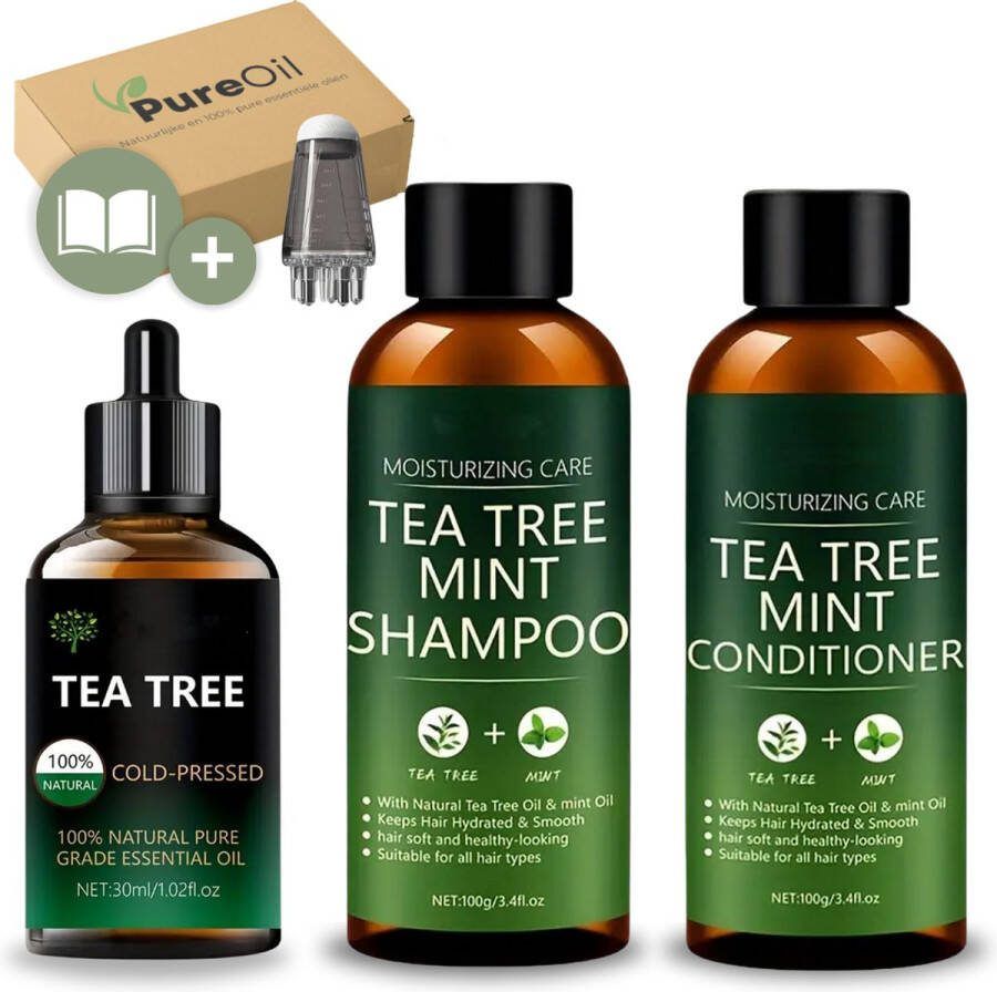 PureOil Tea Tree Olie 6-delig 100% puur Shampoo. + Conditioner + Serum Geschikt voor Huid Haar en Nagels en Kalknagels Anti Acne en Roos Incl Applicator Kammen + Ebook Etherische Olie