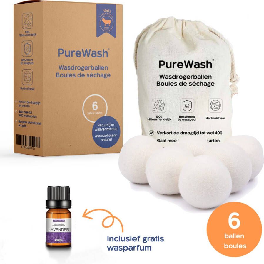 PureWash Drogerballen 6 stuks incl. Wasparfum Droogballen voor wasdroger Wasbollen Wasdrogerballen Wasballen Dryer Balls Duurzaam Droogtrommel