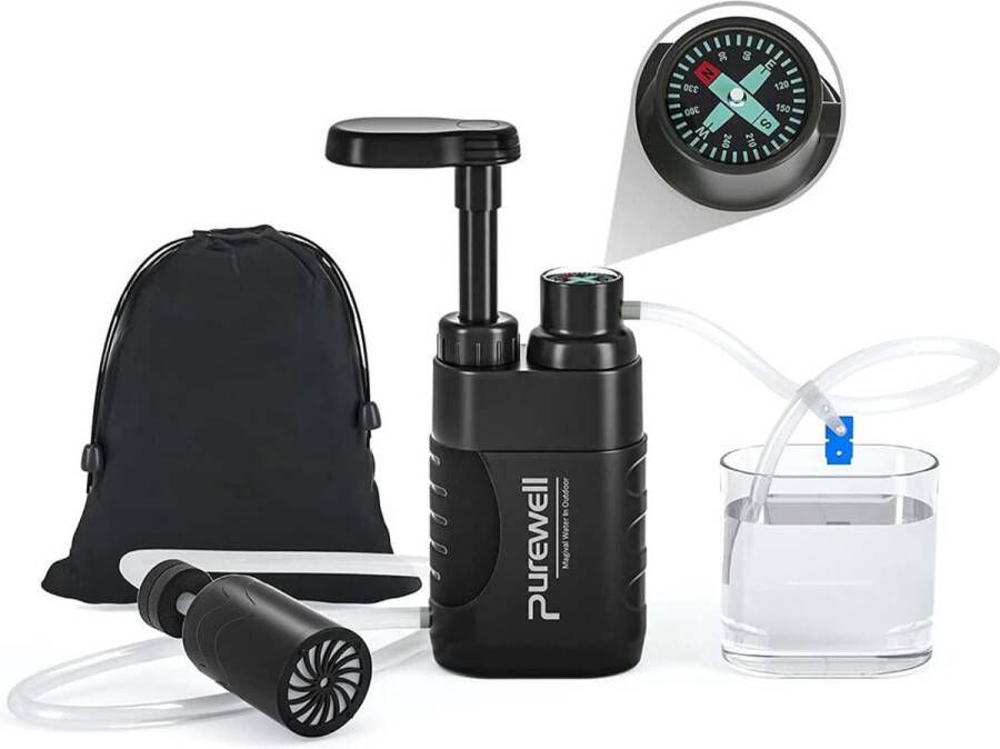 Purewell Survival – Survival Kit Water Filter – Gemakkelijke bediening – Outdoor – Professioneel Waterfilter – Zuiver en Schoon Drinkwater – Verwijdert Viezigheid 4 Filterstadia – met Kompas en Opbergzak Zwart