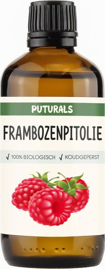 PUTURALS Frambozenpitolie 100% Puur en Biologisch 100ml Bevat Essentiële vetzuren Vitaminen en Mineralen Frambozenpitolie of Raspberry Seed Oil voor Huid- en Haarverzorging Natuurlijke Zonnebrand (SPF 28-50) Puur en COSMOS Gecertificeerd