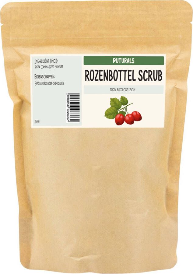 Puturals Gezichtsscrub 100 % Natuurlijk & Puur 250gr Gemaakt van Gemalen Rozenbottelzaden Rijk aan Vitamines A en C Gezichtsscrub Vrouwen en Mannen Geschikt als Scrub voor zowel Gezichtsreiniging als Lichaam Natuurlijk Rozenbottel Scrub