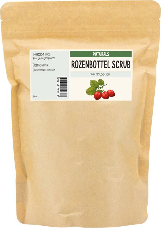 Puturals Gezichtsscrub 100 % Natuurlijk & Puur 500gr Gemaakt van Gemalen Rozenbottelzaden Rijk aan Vitamines A en C Gezichtsscrub Vrouwen en Mannen Geschikt als Scrub voor zowel Gezichtsreiniging als Lichaam Natuurlijk Rozenbottel Scrub