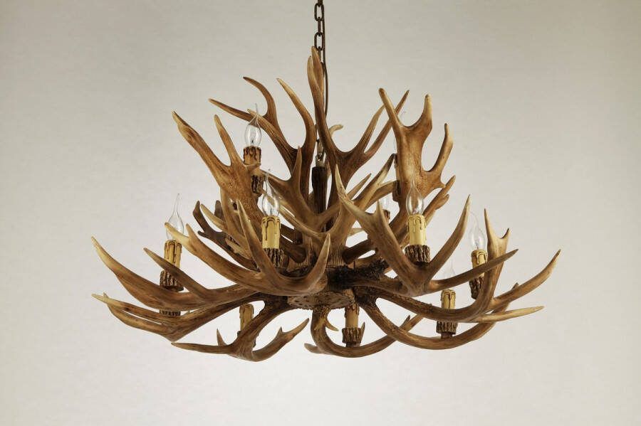 PW-Collection DePauwWonen Kroonluchter Herten gewei dubbeldeks 12 lichts E27 Fitting Hanglampen Eetkamer Woonkamer Industrieel Plafondlamp Slaapkamer Designlamp voor Binnen Beton