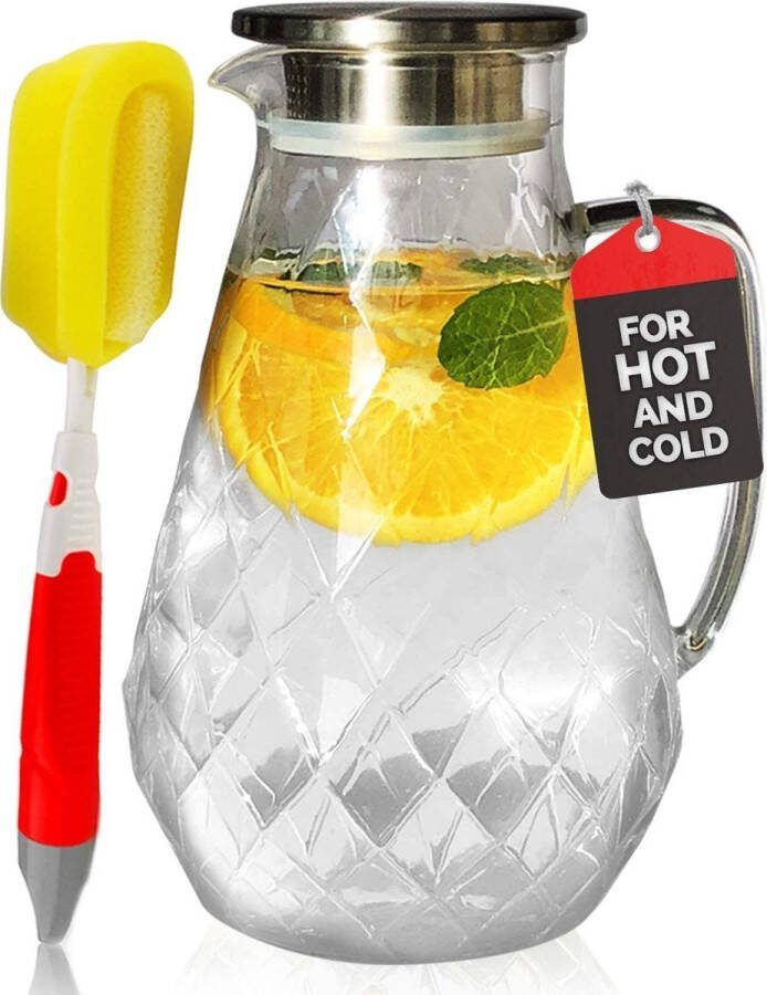 Pykal glazen waterkan met deksel 2 L Sapkan met diamantpatroon Hittebestendig Karaf voor limonade thee of sangria Schenkkan met borstel