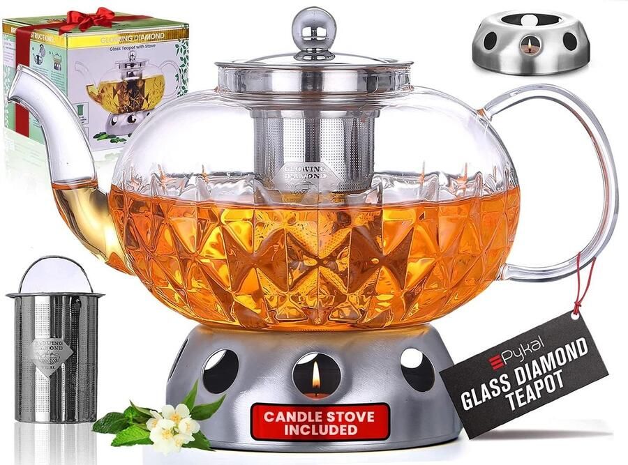 Pykal glazen theepot met filter en warmhouder 1 2 L Theemaker voor losse thee Met diamantpatroon Tea pot met theelichthouder Tea maker