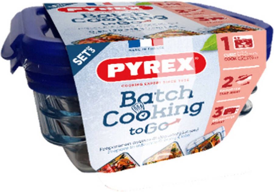 PYREX Batch cooking & go Rechthoekige glazen schalen met blauwe deksels 18 0 x 13 0 x 25 0 cm Set van 3 stuks