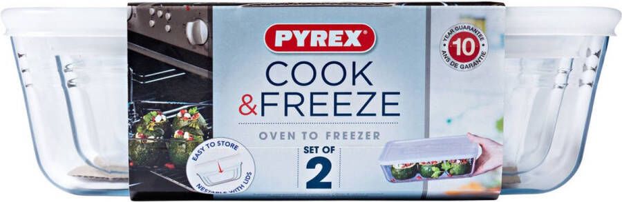PYREX Cook & Freeze Ovenschaal Met Deksel Set van 2 Stuks Glas Transparant 2.6L 1.5L