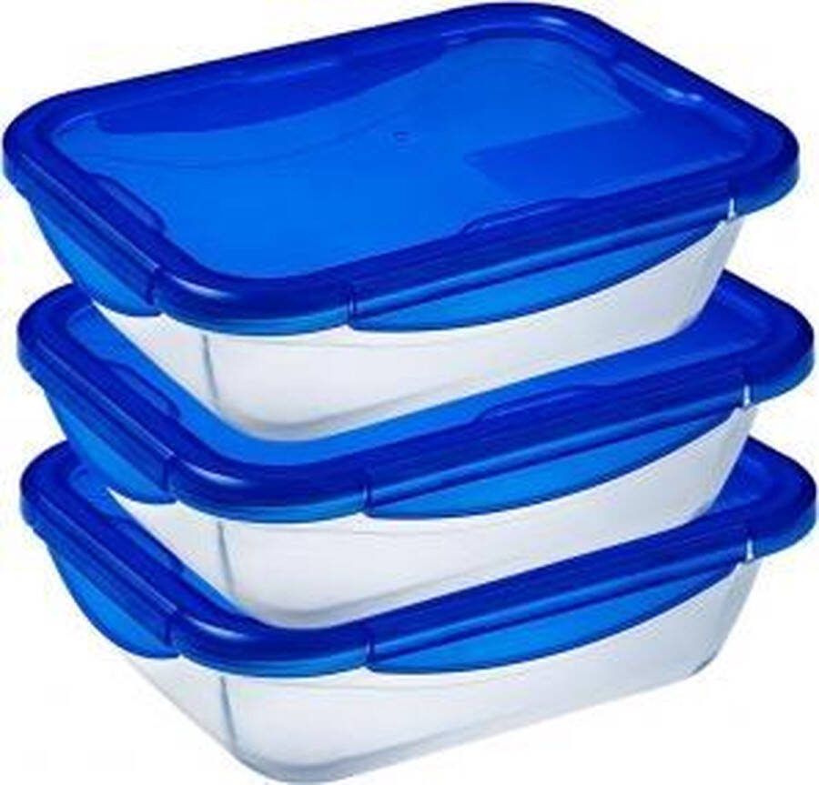 PYREX Cook & Go Rechthoekige Schaal Met Deksel Set van 3 Stuks 0.8L Glas Blauw