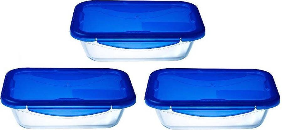 PYREX Cook & Go Rechthoekige Schaal Met Deksel Set van 3 Stuks Blauw