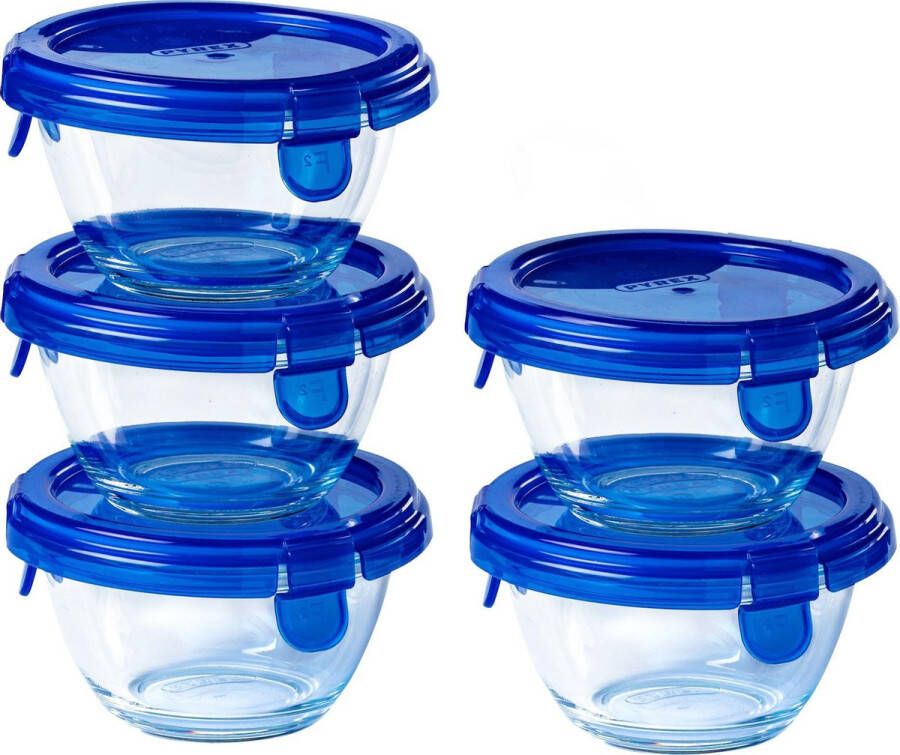 PYREX Cook & Go Schaal Rond met Deksel 200 ml Set van 5 Stuks Transparant Blauw