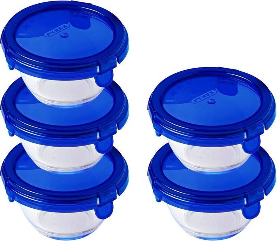 PYREX Cook & Go Voedselcontainers Schaaltjes met Deksel Rond 200ml Set van 5 Stuks Blauw