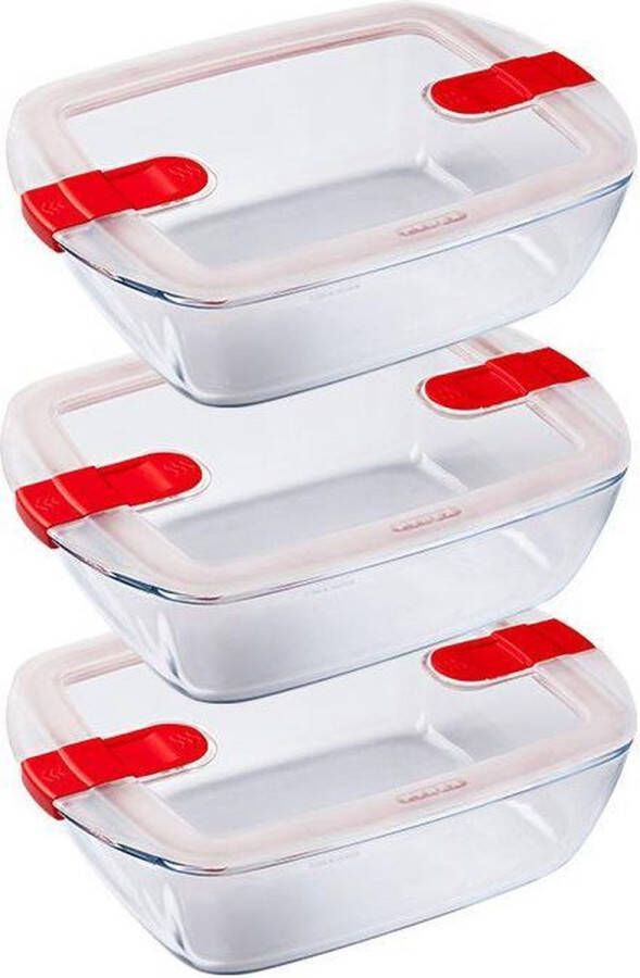 PYREX Cook & Heat Rechthoekige Schaal met Magnetronbestendige Deksel Glas 1 liter Set van 3 Stuks