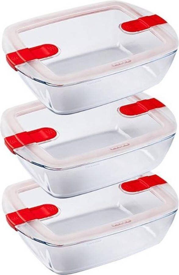 PYREX Cook & Heat Rechthoekige Schaal Met Magnetronbestendige Deksel Set van 3 Stuks Glas