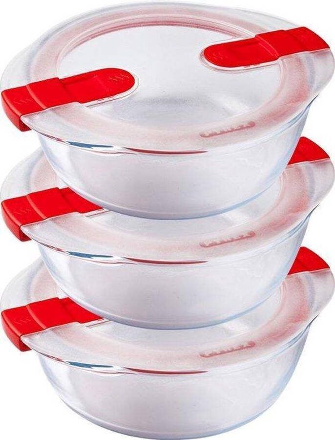 PYREX Cook & Heat Ronde Schaal met Magnetronbestendige Deksel 1 liter Glas Set van 3 Stuks