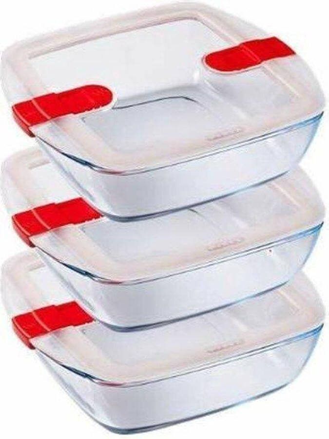 PYREX Cook & Heat Vierkante Schaal Met Magnetronbestendige Deksel 1 liter Glas Set van 3 Stuks