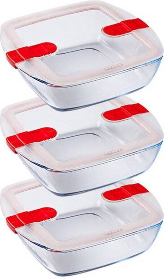 PYREX Cook & Heat Rechthoekige Schaal Met Magnetronbestendige Deksel Set van 3 Stuks Glas