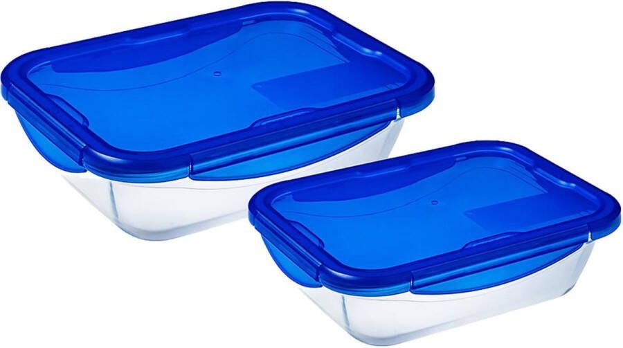PYREX Cook & Go Schaal Rechthoek met Deksel 2-Delig Transparant Blauw Borosilicaatglas Polypropyleen Siliconand