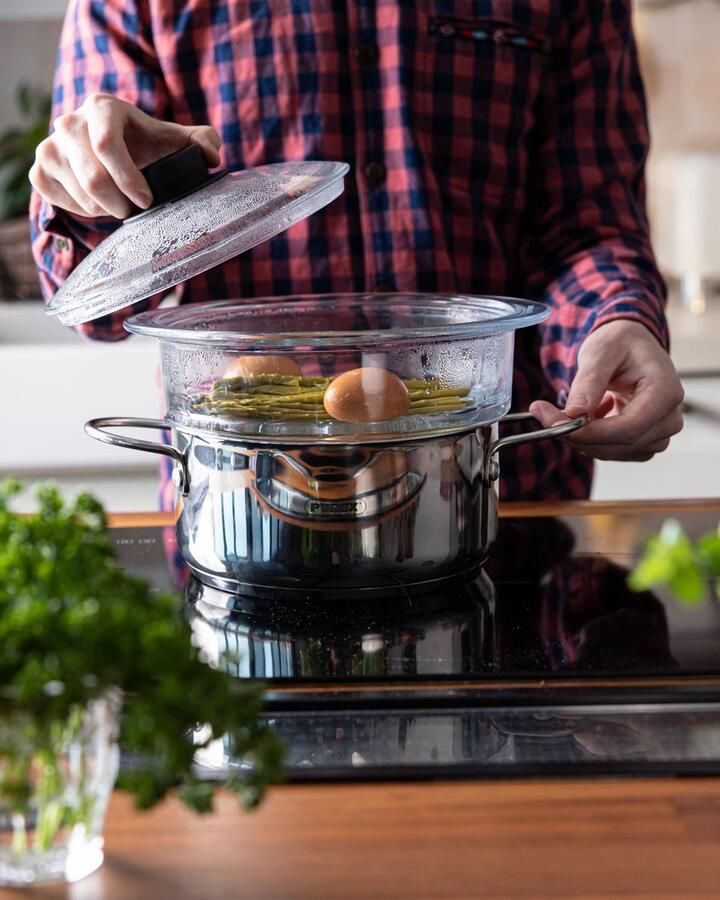PYREX Steamer Basket Stoommand met Deksel Ø 20 cm 3-Delig Transparant Borosilicaatglas