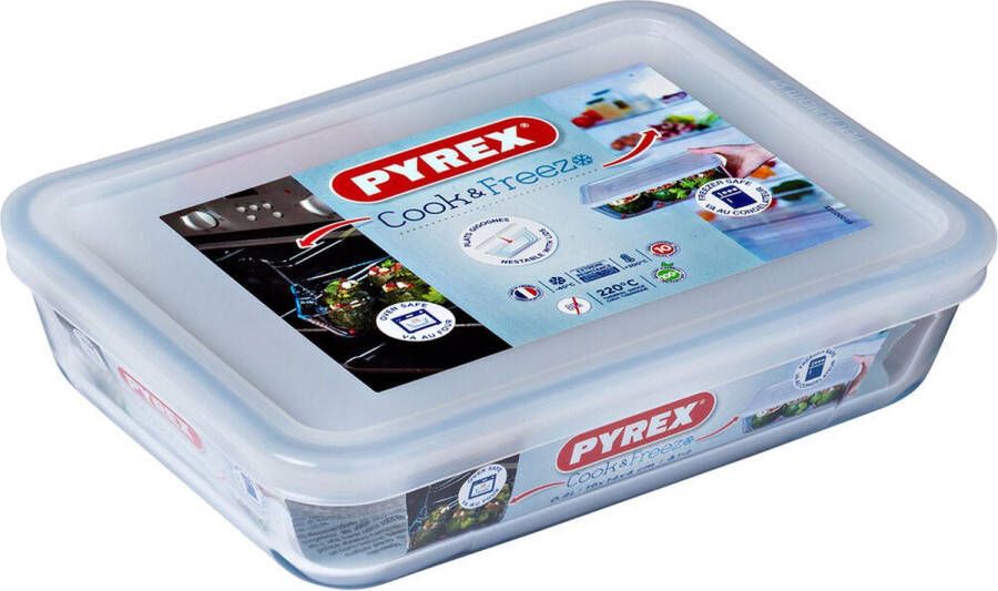 PYREX Rechthoekige lunchbox met deksel Cook & Freeze 22 5 x 17 5 x 6 5 cm 1 5 L Transparant Siliconen Glas (6 Stuks)