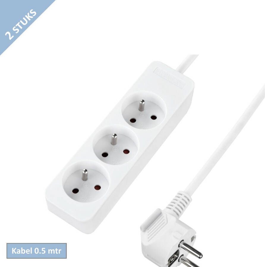 Q-Link Qlink stekkerdoos 3 voudig Penaarde 0.5 mtr kabel Kinderbeveiliging Max 3500W Wit 2 stuks