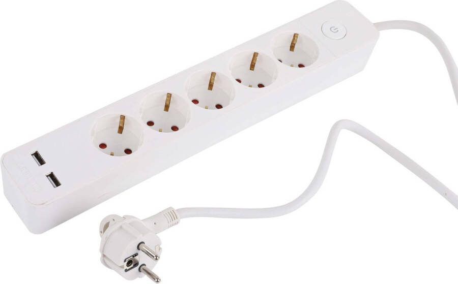 Q-Link stekkerdoos 5-voudig met 2x USB lader Randaarde Met schakelaar Platte stekker 3 x 1.5 mm² Kabel 1.5 m Wit