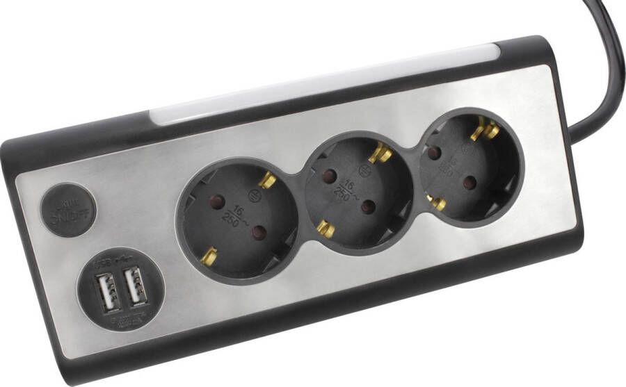 Q-Link Stekkerdoos met USB – Stekkerblok met lamp – Twee USB-poorten Drie Stopcontacten Zwart RVS