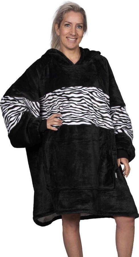 Q-Living Hoodie Deken Extra Lang & Dik Snuggie Plaid Met Mouwen Snuggle Hoodie Fleece Deken Met Mouwen 1450 gram Zwart Zebra