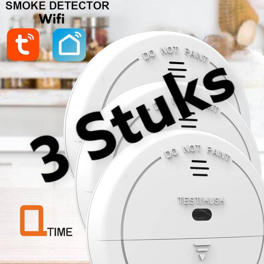 Q-Time LET OP 3 STUKS VOORDEELVERPAKKING Compacte Slimme Rookmelder WiFi Tuya & Smartlife app voldoet aan EU normen koppelbaar met Alexa Google SmartThings Tuya Smart Life SHB Smart enz. enz