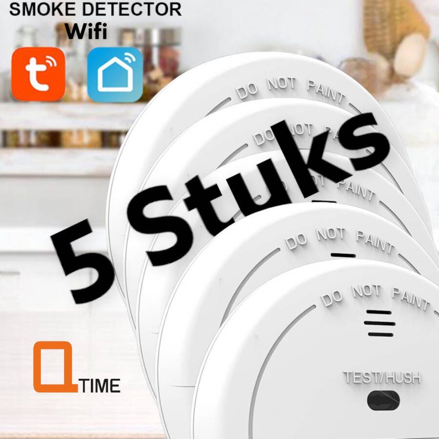 Q-Time LET OP 5 STUKS VOORDEELVERPAKKING Compacte Slimme Rookmelder WiFi Tuya & Smartlife app voldoet aan EU normen koppelbaar met Alexa Google SmartThings Tuya Smart Life SHB Smart enz. enz