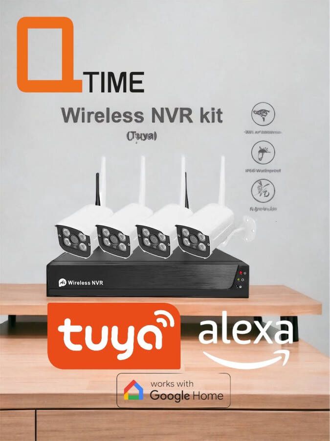 Q-Time TUYA Wi-Fi camera set met 4 ip-camera's 2.0MP met 8 kanaals NVR incl. 500gb hdd draadloos met bediening via APP en werkt ook met Google en Amazon Alexa